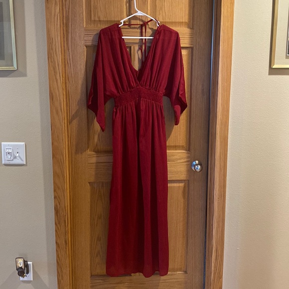Deep red/wine flowy v-neck maxi dress - Picture 1 of 3